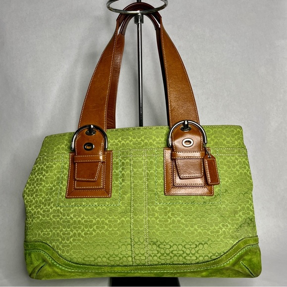 Coach Handbags - Coach Monogram C Shoulder Bag Kelly Green Satchel Tan Leather Purse Vintage Y2K